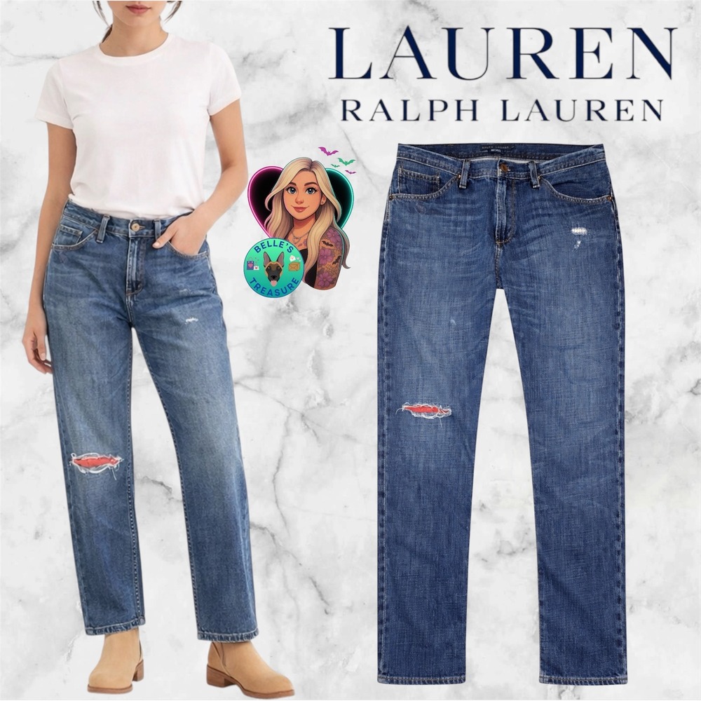 Ralph Lauren LRL Women's 30 Handkerchief Distressed Straight Leg Jeans‎ Stretch
